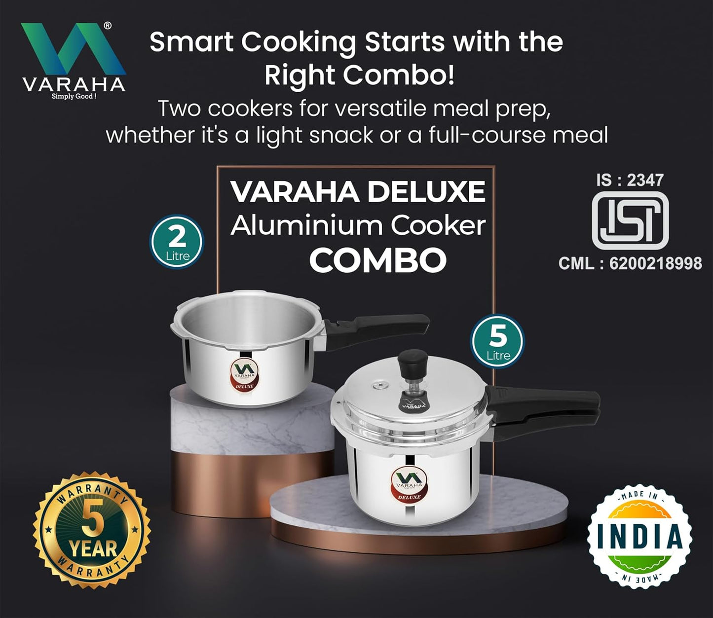 Varaha Deluxe 2 Litres and 3 Litres Pressure Cookers | Outer Lid | Heavy Gauge Aluminium | Gas Stove Compatible | Non Induction Base | ISI Certified | 5 Years Manufacturer's Warranty | Silver