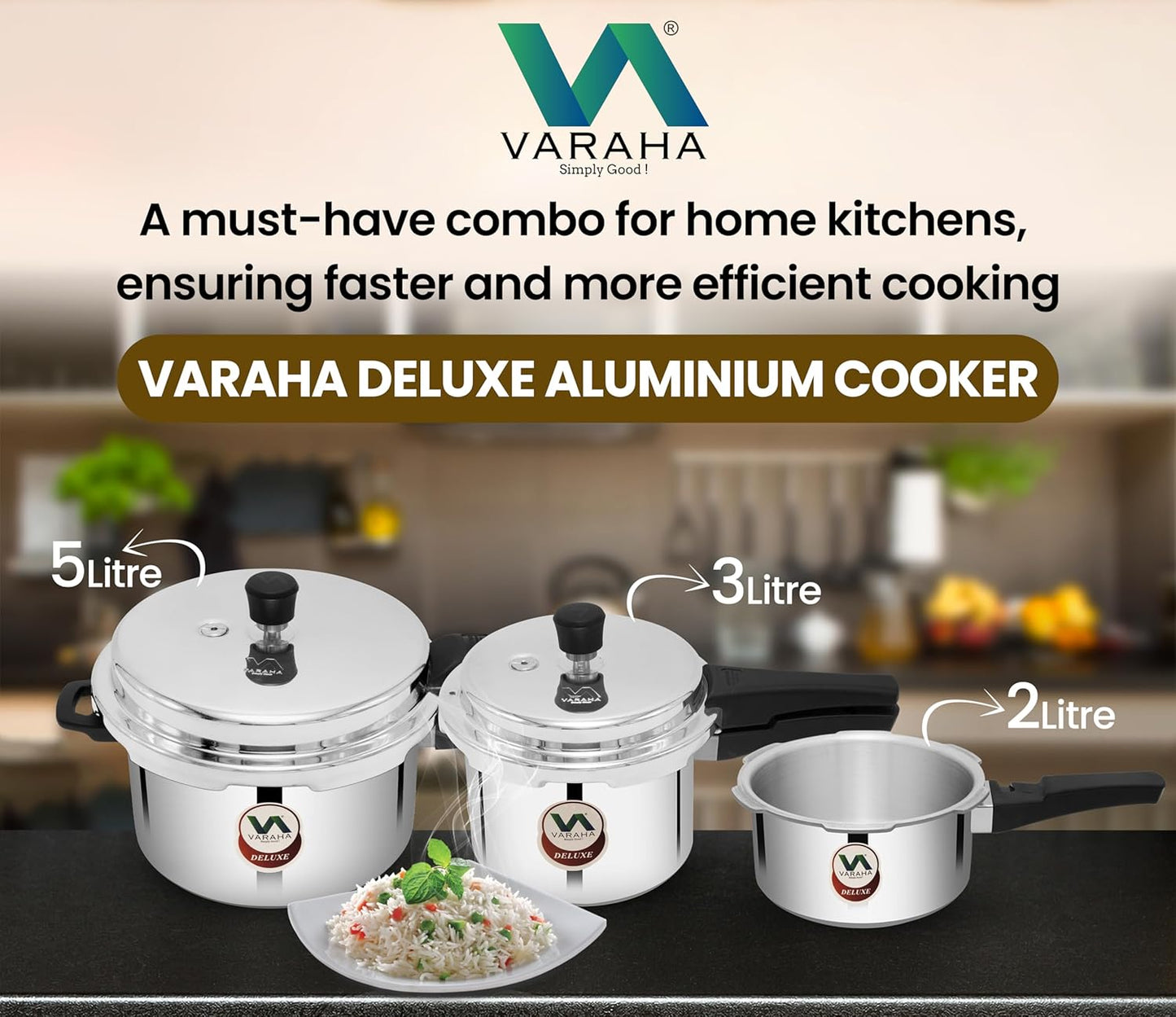 Varaha Deluxe 2 Litres, 3 Litres & 5 Litres Pressure Cookers | Outer Lid | Heavy Gauge Aluminium | Gas Stove Compatible | Non Induction Base | ISI Certified | 5 Years Manufacturer's Warranty | Silver