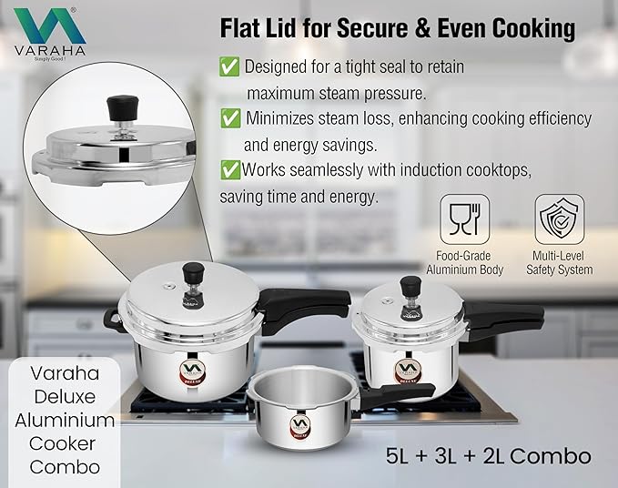 Varaha Deluxe 2 Litres, 3 Litres & 5 Litres Pressure Cookers | Outer Lid | Heavy Gauge Aluminium | Gas Stove Compatible | Non Induction Base | ISI Certified | 5 Years Manufacturer's Warranty | Silver