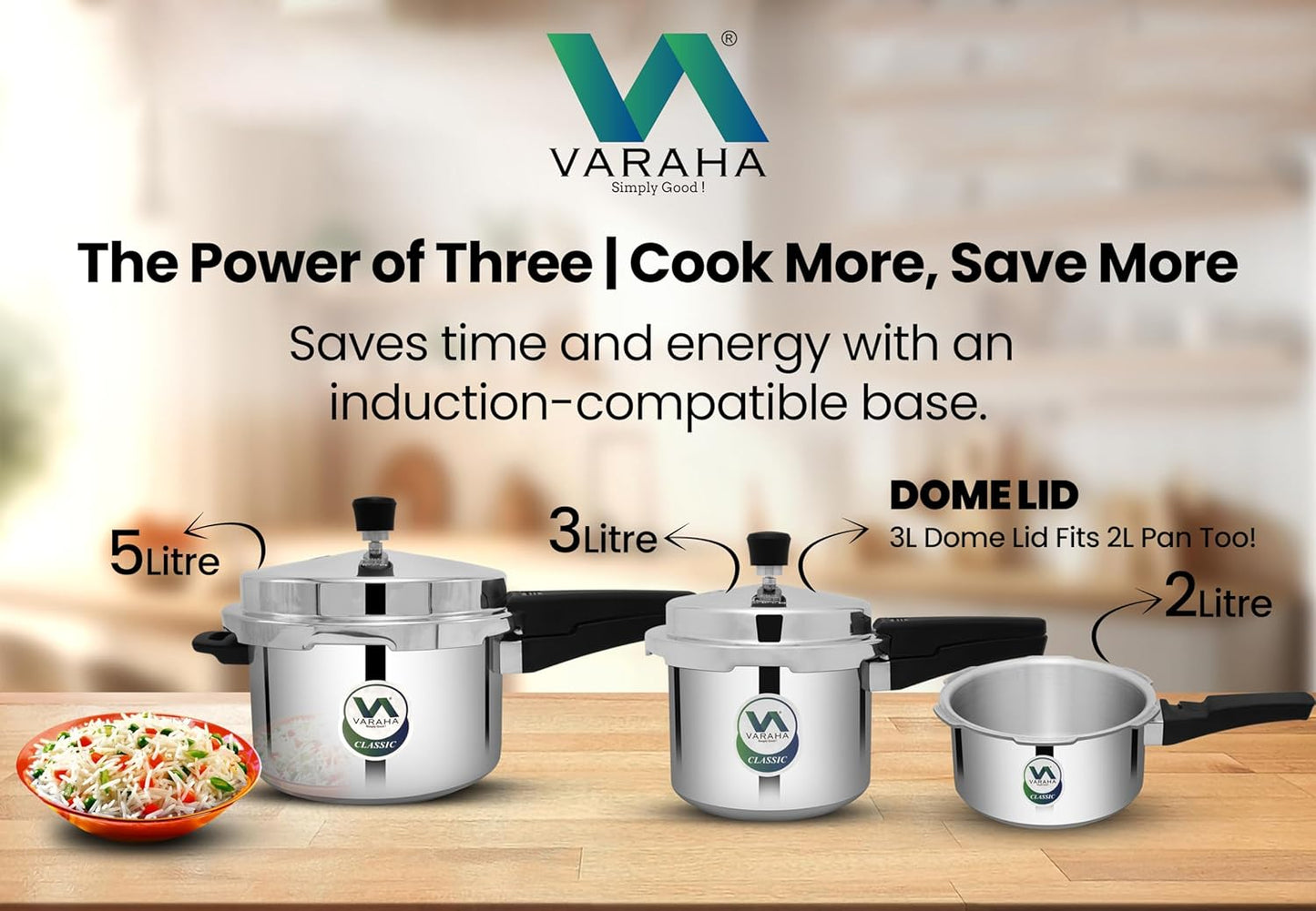 Varaha Classic 2 Litres, 3 Litres & 5 Litres Pressure Cookers | Outer Lid | Food Grade Virgin Aluminium | Induction & Gas Stove Compatible | ISI Certified | 5 Years Manufacturer's Warranty | Silver