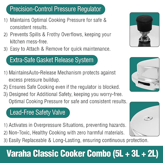 Varaha Classic 2 Litres, 3 Litres & 5 Litres Pressure Cookers | Outer Lid | Food Grade Virgin Aluminium | Induction & Gas Stove Compatible | ISI Certified | 5 Years Manufacturer's Warranty | Silver