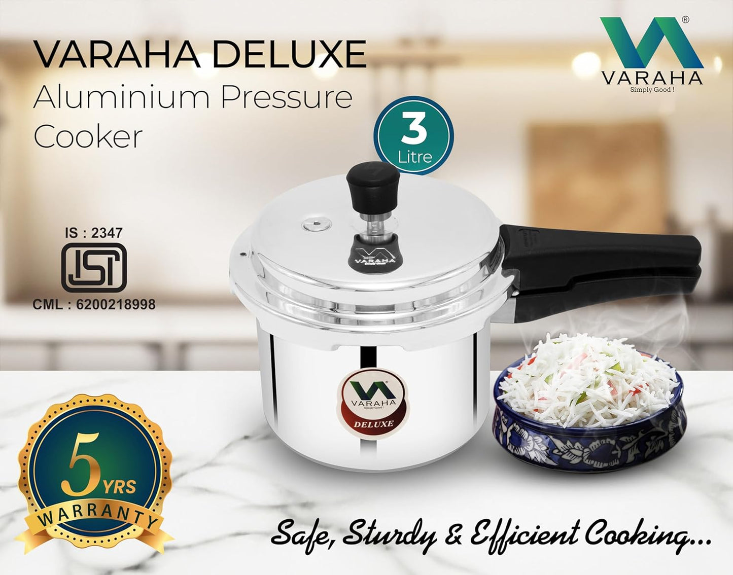 Varaha Deluxe 3 Litres Pressure Cooker | Outer Lid | Heavy Gauge Virgin Aluminium | Gas Stove Compatible | Non Induction Base | ISI Certified | 5 Years Manufacturer Warranty | Silver