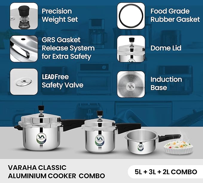 Varaha Classic 2 Litres, 3 Litres & 5 Litres Pressure Cookers | Outer Lid | Food Grade Virgin Aluminium | Induction & Gas Stove Compatible | ISI Certified | 5 Years Manufacturer's Warranty | Silver