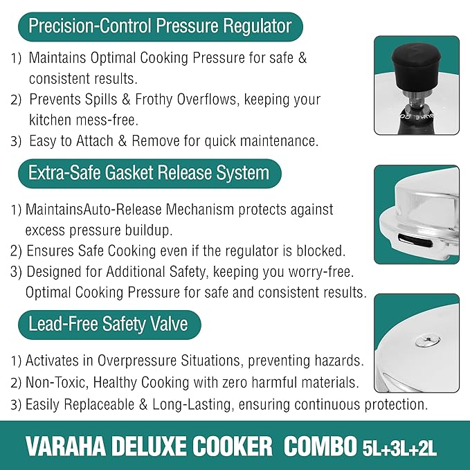 Varaha Deluxe 2 Litres, 3 Litres & 5 Litres Pressure Cookers | Outer Lid | Heavy Gauge Aluminium | Gas Stove Compatible | Non Induction Base | ISI Certified | 5 Years Manufacturer's Warranty | Silver