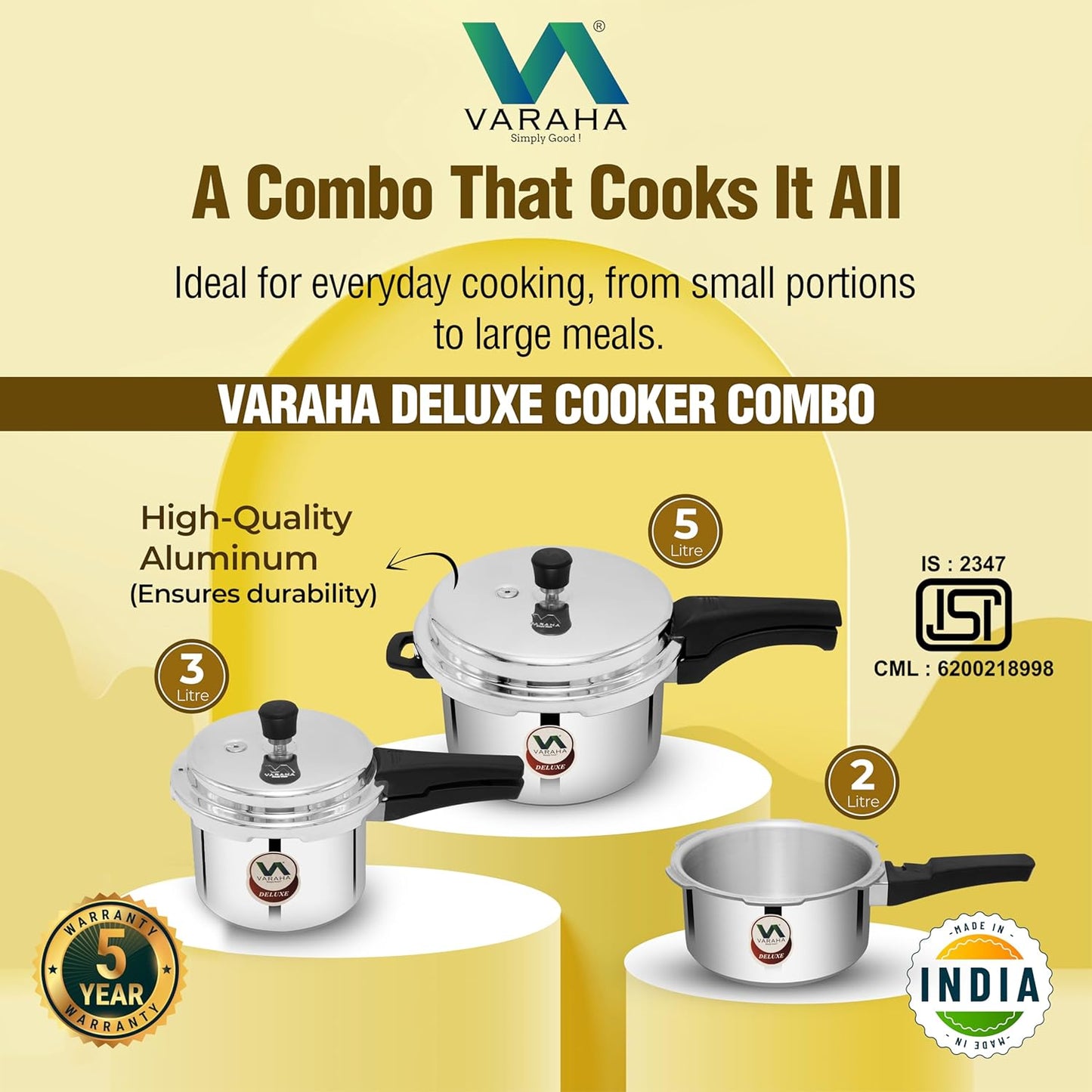 Varaha Deluxe 2 Litres, 3 Litres & 5 Litres Pressure Cookers | Outer Lid | Heavy Gauge Aluminium | Gas Stove Compatible | Non Induction Base | ISI Certified | 5 Years Manufacturer's Warranty | Silver