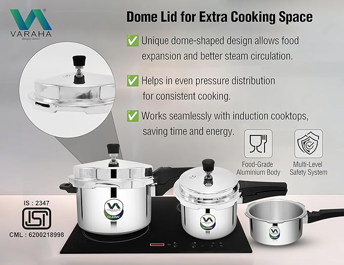 Varaha Classic 2 Litres, 3 Litres & 5 Litres Pressure Cookers | Outer Lid | Food Grade Virgin Aluminium | Induction & Gas Stove Compatible | ISI Certified | 5 Years Manufacturer's Warranty | Silver