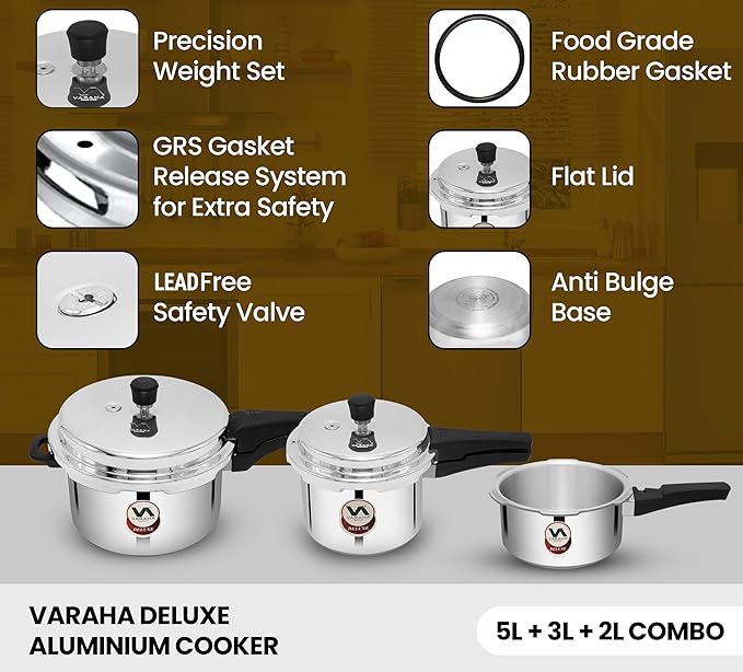 Varaha Deluxe 2 Litres, 3 Litres & 5 Litres Pressure Cookers | Outer Lid | Heavy Gauge Aluminium | Gas Stove Compatible | Non Induction Base | ISI Certified | 5 Years Manufacturer's Warranty | Silver
