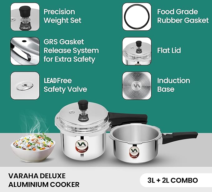 Varaha Deluxe 2 Litres and 3 Litres Pressure Cookers | Outer Lid | Heavy Gauge Aluminium | Induction & Gas Stove Compatible | ISI Certified | 5 Years Manufacturer's Warranty | Silver