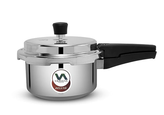 Varaha Deluxe 2 Litres Pressure Cooker | Outer Lid | Heavy Gauge Virgin Aluminium | Gas Stove Compatible | Non Induction Base | ISI Certified | 5 Years Manufacturer Warranty | Silver