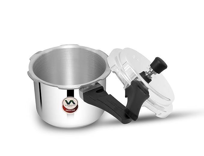Varaha Deluxe 3 Litres Pressure Cooker | Outer Lid | Heavy Gauge Virgin Aluminium | Gas Stove Compatible | Non Induction Base | ISI Certified | 5 Years Manufacturer Warranty | Silver