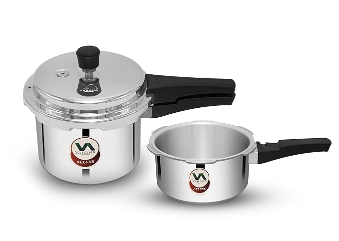 Varaha Deluxe 2 Litres and 3 Litres Pressure Cookers | Outer Lid | Heavy Gauge Aluminium | Gas Stove Compatible | Non Induction Base | ISI Certified | 5 Years Manufacturer's Warranty | Silver