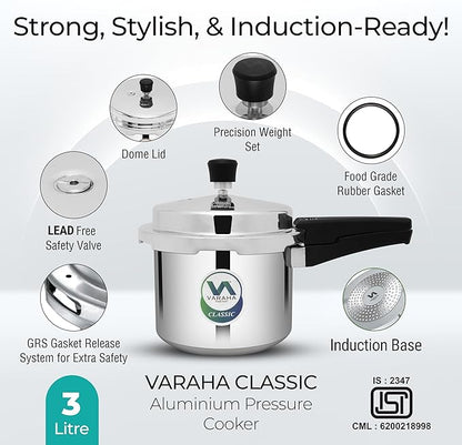 Varaha Classic 3 Litres Pressure Cooker | Outer Lid | Food Grade Virgin Aluminium | Induction & Gas Stove Compatible | ISI Certified | 5 Years Manufacturer's Warranty | Silver