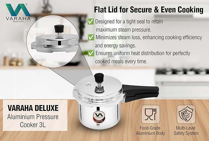 Varaha Deluxe 3 Litres Pressure Cooker | Outer Lid | Heavy Gauge Virgin Aluminium | Gas Stove Compatible | Non Induction Base | ISI Certified | 5 Years Manufacturer Warranty | Silver