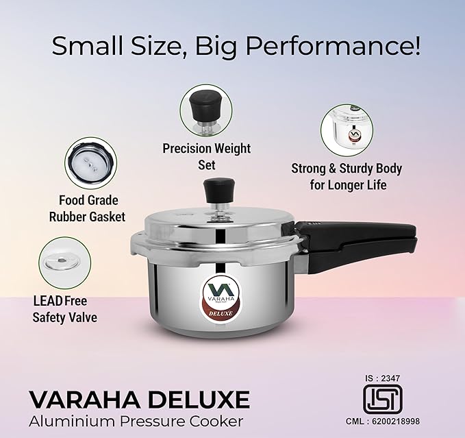 Varaha Deluxe 2 Litres Pressure Cooker | Outer Lid | Heavy Gauge Virgin Aluminium | Gas Stove Compatible | Non Induction Base | ISI Certified | 5 Years Manufacturer Warranty | Silver
