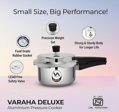 Varaha Deluxe 2 Litres Pressure Cooker | Outer Lid | Heavy Gauge Virgin Aluminium | Gas Stove Compatible | Non Induction Base | ISI Certified | 5 Years Manufacturer Warranty | Silver