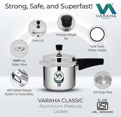 Varaha Classic 3 Litres Pressure Cooker | Outer Lid | Virgin Aluminium | Gas Stove Compatible | Non Induction Base | ISI Certified | 5 Years Manufacturer Warranty | Silver