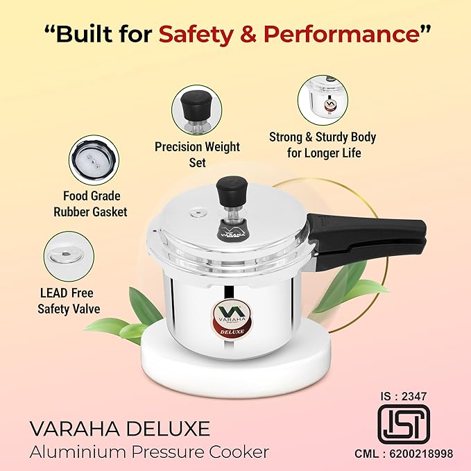 Varaha Deluxe 3 Litres Pressure Cooker | Outer Lid | Heavy Gauge Virgin Aluminium | Gas Stove Compatible | Non Induction Base | ISI Certified | 5 Years Manufacturer Warranty | Silver