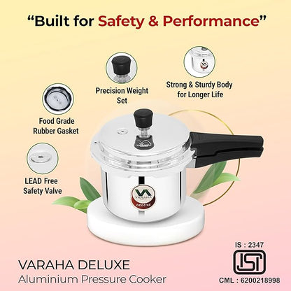 Varaha Deluxe 3 Litres Pressure Cooker | Outer Lid | Heavy Gauge Virgin Aluminium | Gas Stove Compatible | Non Induction Base | ISI Certified | 5 Years Manufacturer Warranty | Silver