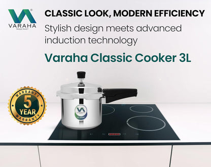 Varaha Classic 3 Litres Pressure Cooker | Outer Lid | Food Grade Virgin Aluminium | Induction & Gas Stove Compatible | ISI Certified | 5 Years Manufacturer's Warranty | Silver