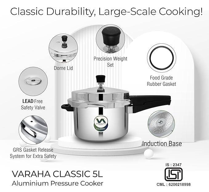 Varaha Classic 5 Litres Pressure Cooker | Outer Lid | Food Grade Virgin Aluminium | Induction & Gas Stove Compatible | ISI Certified | 5 Years Manufacturer's Warranty | Silver