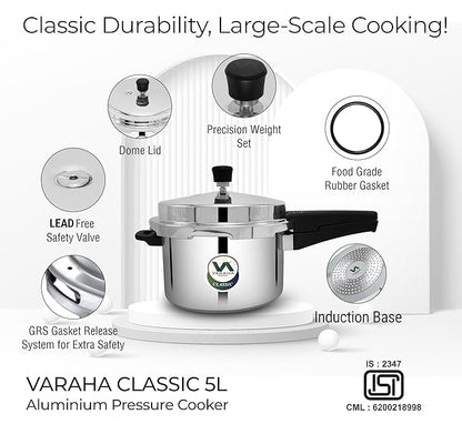 Varaha Classic 5 Litres Pressure Cooker | Outer Lid | Food Grade Virgin Aluminium | Induction & Gas Stove Compatible | ISI Certified | 5 Years Manufacturer's Warranty | Silver