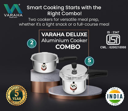 Varaha Deluxe 2 Litres and 3 Litres Pressure Cookers | Outer Lid | Heavy Gauge Aluminium | Gas Stove Compatible | Non Induction Base | ISI Certified | 5 Years Manufacturer's Warranty | Silver