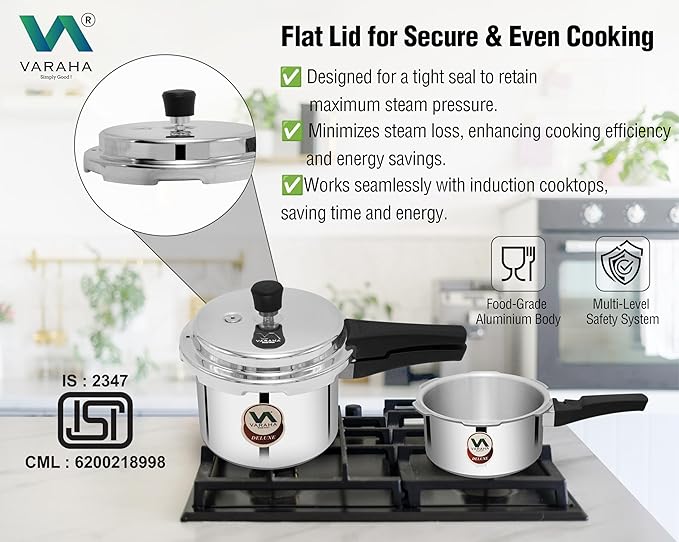 Varaha Deluxe 2 Litres and 3 Litres Pressure Cookers | Outer Lid | Heavy Gauge Aluminium | Gas Stove Compatible | Non Induction Base | ISI Certified | 5 Years Manufacturer's Warranty | Silver