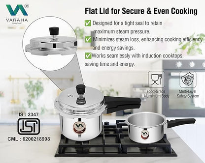 Varaha Deluxe 2 Litres and 3 Litres Pressure Cookers | Outer Lid | Heavy Gauge Aluminium | Gas Stove Compatible | Non Induction Base | ISI Certified | 5 Years Manufacturer's Warranty | Silver