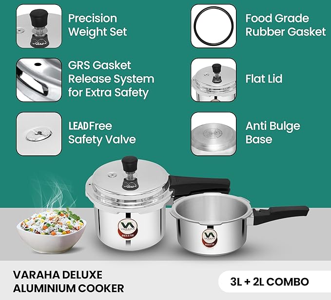Varaha Deluxe 2 Litres and 3 Litres Pressure Cookers | Outer Lid | Heavy Gauge Aluminium | Gas Stove Compatible | Non Induction Base | ISI Certified | 5 Years Manufacturer's Warranty | Silver