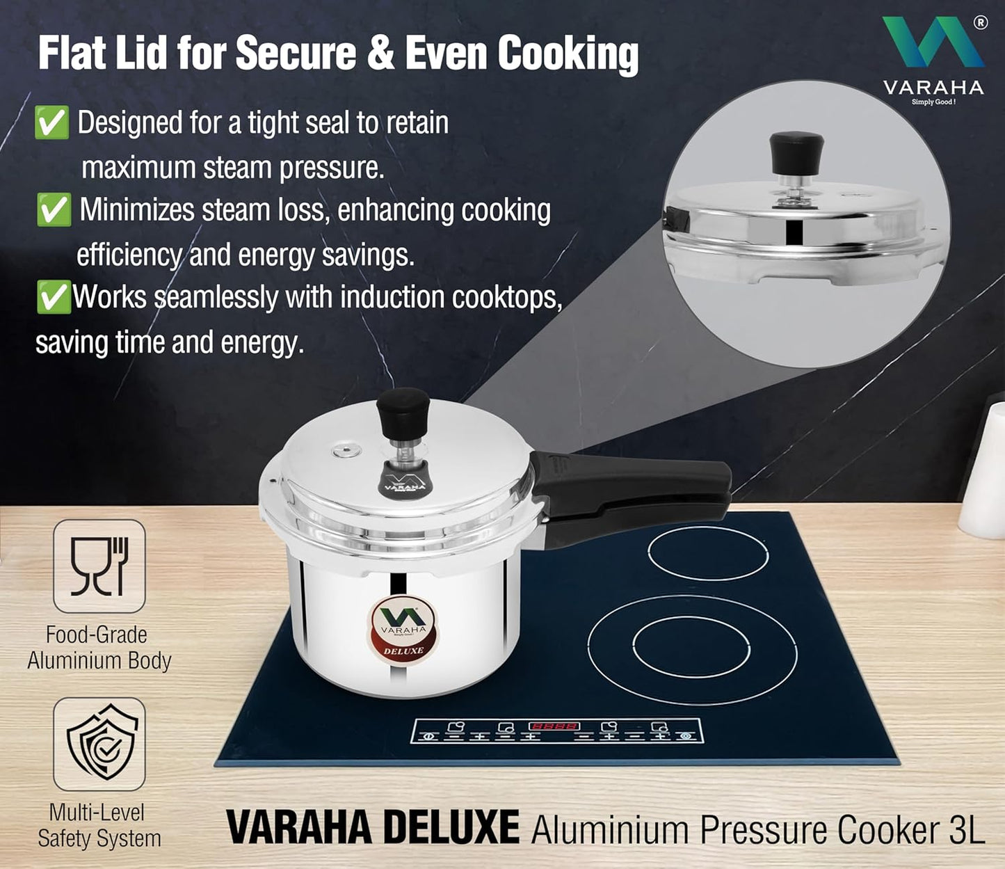 Varaha Deluxe 3 Litres Pressure Cooker | Outer Lid | Heavy Gauge Food Grade Virgin Aluminium | Induction & Gas Stove Compatible | ISI Certified | 5 Years Manufacturer's Warranty | Silver