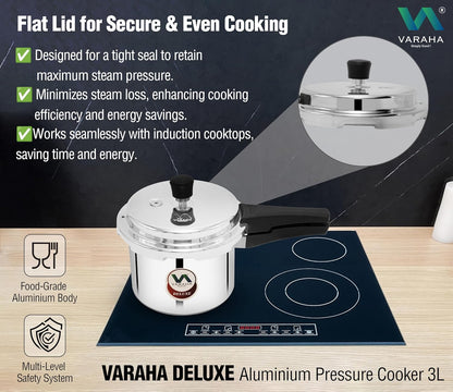 Varaha Deluxe 3 Litres Pressure Cooker | Outer Lid | Heavy Gauge Food Grade Virgin Aluminium | Induction & Gas Stove Compatible | ISI Certified | 5 Years Manufacturer's Warranty | Silver