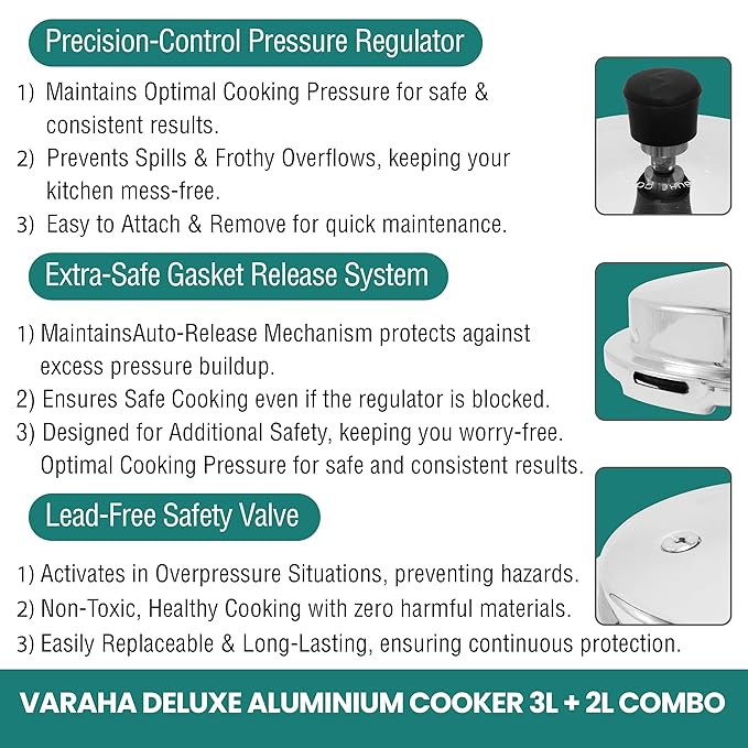Varaha Deluxe 2 Litres and 3 Litres Pressure Cookers | Outer Lid | Heavy Gauge Aluminium | Gas Stove Compatible | Non Induction Base | ISI Certified | 5 Years Manufacturer's Warranty | Silver