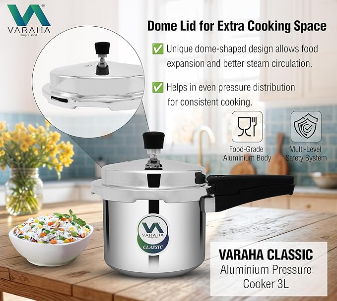 Varaha Classic 3 Litres Pressure Cooker | Outer Lid | Virgin Aluminium | Gas Stove Compatible | Non Induction Base | ISI Certified | 5 Years Manufacturer Warranty | Silver