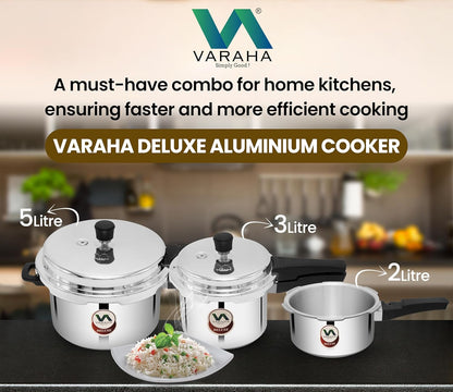 Varaha Deluxe 2 Litres, 3 Litres & 5 Litres Pressure Cookers | Outer Lid | Heavy Gauge Aluminium | Gas Stove Compatible | Non Induction Base | ISI Certified | 5 Years Manufacturer's Warranty | Silver