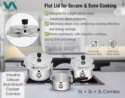 Varaha Deluxe 2 Litres, 3 Litres & 5 Litres Pressure Cookers | Outer Lid | Heavy Gauge Aluminium | Gas Stove Compatible | Non Induction Base | ISI Certified | 5 Years Manufacturer's Warranty | Silver