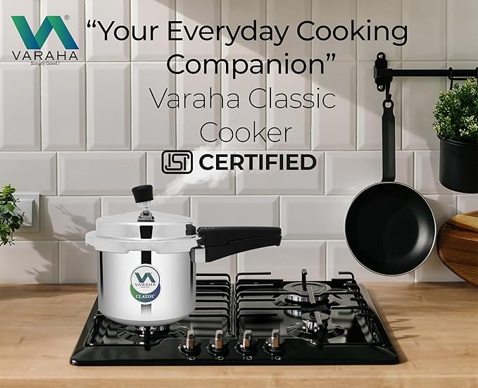 Varaha Classic 3 Litres Pressure Cooker | Outer Lid | Virgin Aluminium | Gas Stove Compatible | Non Induction Base | ISI Certified | 5 Years Manufacturer Warranty | Silver