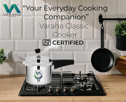 Varaha Classic 3 Litres Pressure Cooker | Outer Lid | Virgin Aluminium | Gas Stove Compatible | Non Induction Base | ISI Certified | 5 Years Manufacturer Warranty | Silver