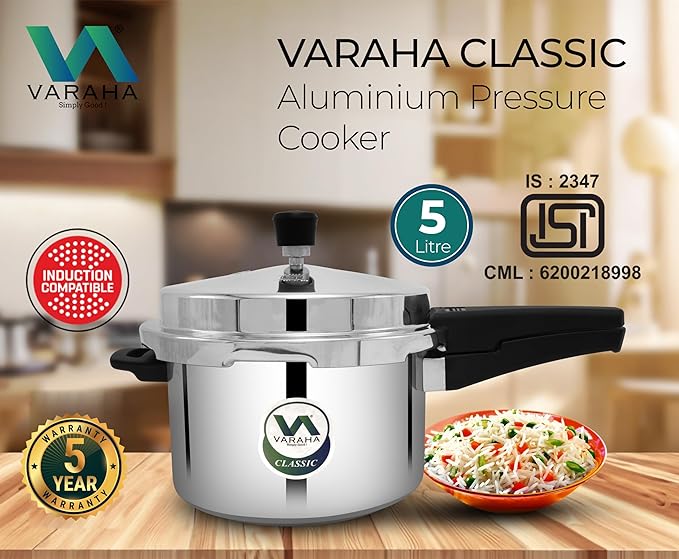 Varaha Classic 5 Litres Pressure Cooker | Outer Lid | Food Grade Virgin Aluminium | Induction & Gas Stove Compatible | ISI Certified | 5 Years Manufacturer's Warranty | Silver