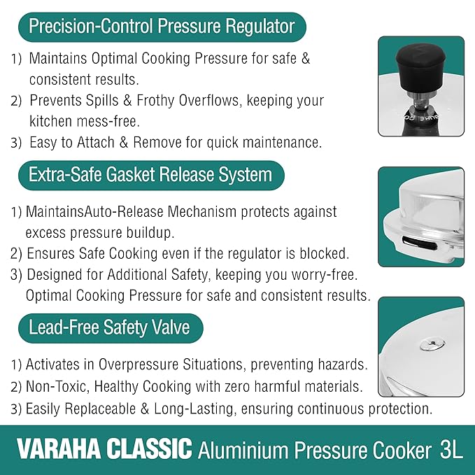 Varaha Classic 5 Litres Pressure Cooker | Outer Lid | Food Grade Virgin Aluminium | Induction & Gas Stove Compatible | ISI Certified | 5 Years Manufacturer's Warranty | Silver
