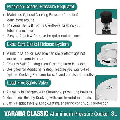 Varaha Classic 5 Litres Pressure Cooker | Outer Lid | Food Grade Virgin Aluminium | Induction & Gas Stove Compatible | ISI Certified | 5 Years Manufacturer's Warranty | Silver