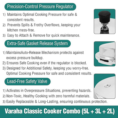 Varaha Classic 2 Litres, 3 Litres & 5 Litres Pressure Cookers | Outer Lid | Food Grade Virgin Aluminium | Induction & Gas Stove Compatible | ISI Certified | 5 Years Manufacturer's Warranty | Silver