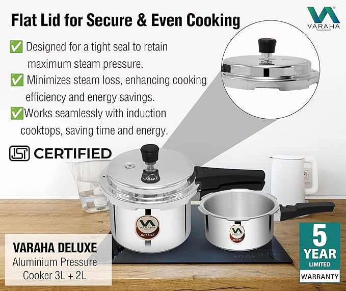 Varaha Deluxe 2 Litres and 3 Litres Pressure Cookers | Outer Lid | Heavy Gauge Aluminium | Induction & Gas Stove Compatible | ISI Certified | 5 Years Manufacturer's Warranty | Silver