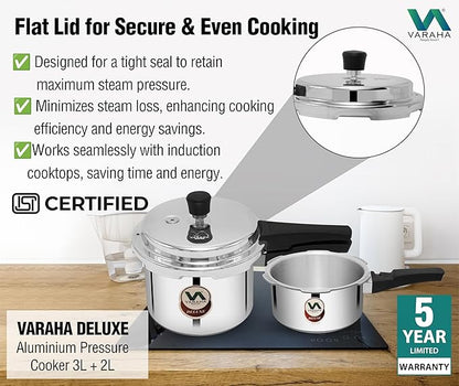 Varaha Deluxe 2 Litres and 3 Litres Pressure Cookers | Outer Lid | Heavy Gauge Aluminium | Induction & Gas Stove Compatible | ISI Certified | 5 Years Manufacturer's Warranty | Silver