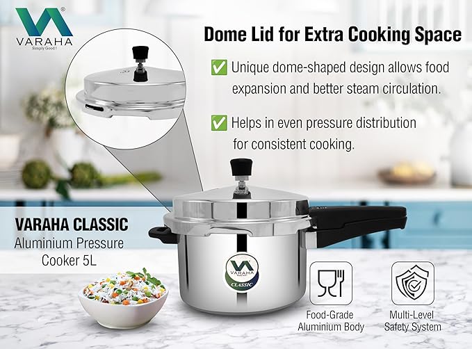 Varaha Classic 5 Litres Pressure Cooker | Outer Lid | Food Grade Virgin Aluminium | Induction & Gas Stove Compatible | ISI Certified | 5 Years Manufacturer's Warranty | Silver