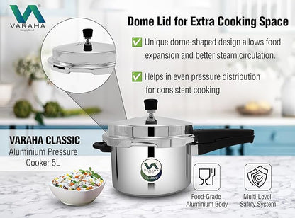 Varaha Classic 5 Litres Pressure Cooker | Outer Lid | Food Grade Virgin Aluminium | Induction & Gas Stove Compatible | ISI Certified | 5 Years Manufacturer's Warranty | Silver