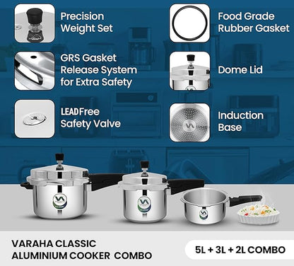Varaha Classic 2 Litres, 3 Litres & 5 Litres Pressure Cookers | Outer Lid | Food Grade Virgin Aluminium | Induction & Gas Stove Compatible | ISI Certified | 5 Years Manufacturer's Warranty | Silver