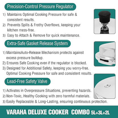 Varaha Deluxe 2 Litres, 3 Litres & 5 Litres Pressure Cookers | Outer Lid | Heavy Gauge Aluminium | Gas Stove Compatible | Non Induction Base | ISI Certified | 5 Years Manufacturer's Warranty | Silver