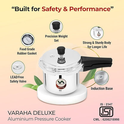 Varaha Deluxe 3 Litres Pressure Cooker | Outer Lid | Heavy Gauge Food Grade Virgin Aluminium | Induction & Gas Stove Compatible | ISI Certified | 5 Years Manufacturer's Warranty | Silver