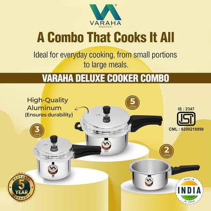 Varaha Deluxe 2 Litres, 3 Litres & 5 Litres Pressure Cookers | Outer Lid | Heavy Gauge Aluminium | Gas Stove Compatible | Non Induction Base | ISI Certified | 5 Years Manufacturer's Warranty | Silver