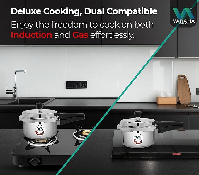 Varaha Deluxe 2 Litres Pressure Cooker | Outer Lid | Heavy Gauge Food Grade Virgin Aluminium | Induction & Gas Stove Compatible | ISI Certified | 5 Years Manufacturer's Warranty | Silver
